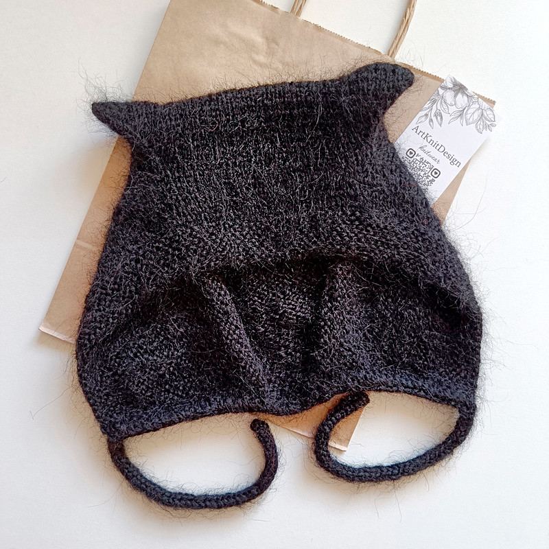 Handknit Black color women moheir hat gifts Valentine day moheir hat Wool women hats warm hat cat hat