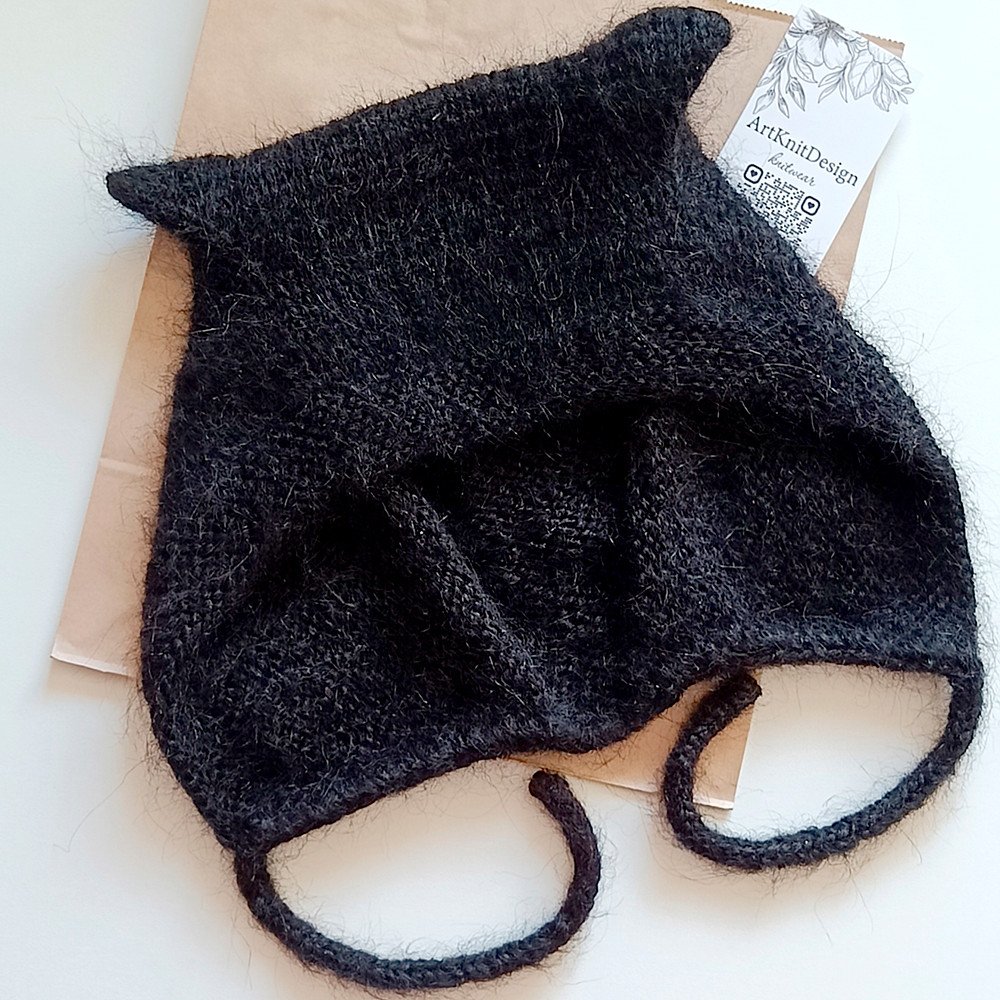 Handknit Black color women moheir hat gifts Valentine day moheir hat Wool women hats warm hat cat hat