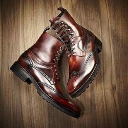 Men's Handmade Burgundy Wing Tip Ankle Boot, Leather Lace Up Boot, Men's Boot