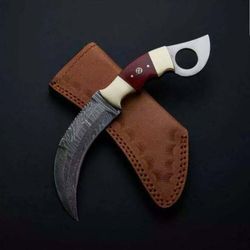Full Tang Hand Forged Damascus Steel Karambit Knife W/ Wood & bone Handle