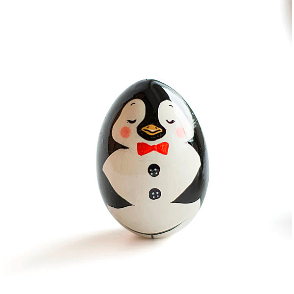 wooden painted egg cute penguin with bow tie