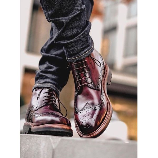 Handmade Burgundy Leather Wingtip Lace Up Military Boot For Gentlemen.jpg