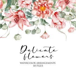 watercolor floral clipart - pink flowers arrangements, illustration set of bouquets, seamless borders, seamless pattern