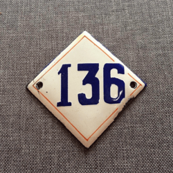 rhombus enamel metal number sign 136 - address door number plate vintage