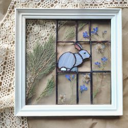 Framed stained glass wall decor Vintage stained glass Bunny Stained Glass hanging Easter gift Pressed flower frame DIY
