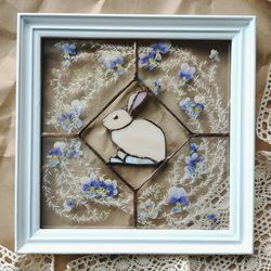 bunny decor pressed flower frame stained glass hanging panel vintage stained glass wall art easter gift bunny wall panel