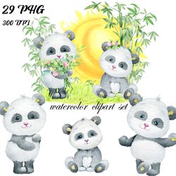 Panda Clipart, Cute Pandas Planner Stickers, Glitter Bamboo Clip Art,  Watercolor Panda Clip Art  Panda Birthday Party