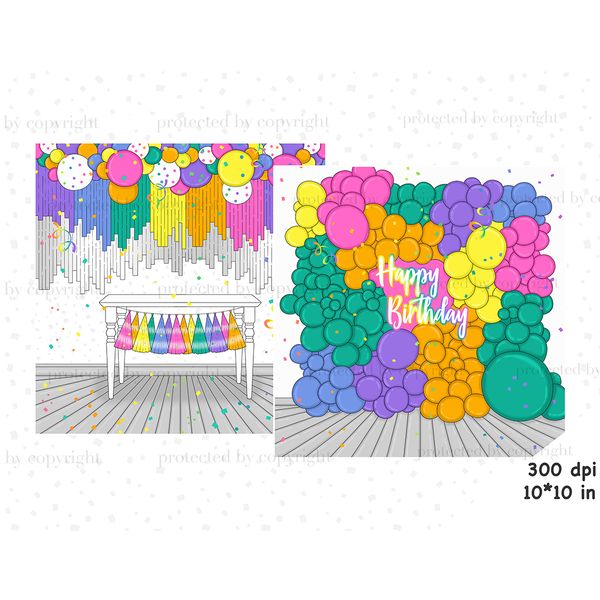 Decor for a birthday party in the living room. Bright balloons on the ceiling. Table decorated with a garland. Multi-colored confetti from crackers. An arch of 