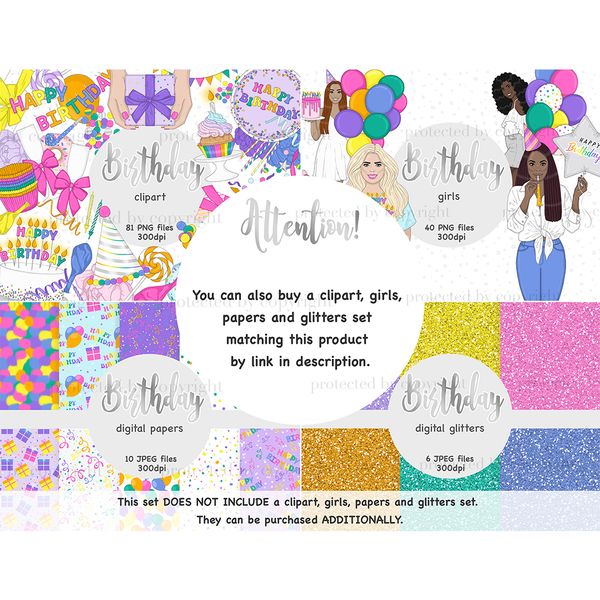 Birthday clipart set. gifts in hands for birthday. Festive cake with candles, champagne glasses. The girls celebrate their birthday. Set of bright digital birth