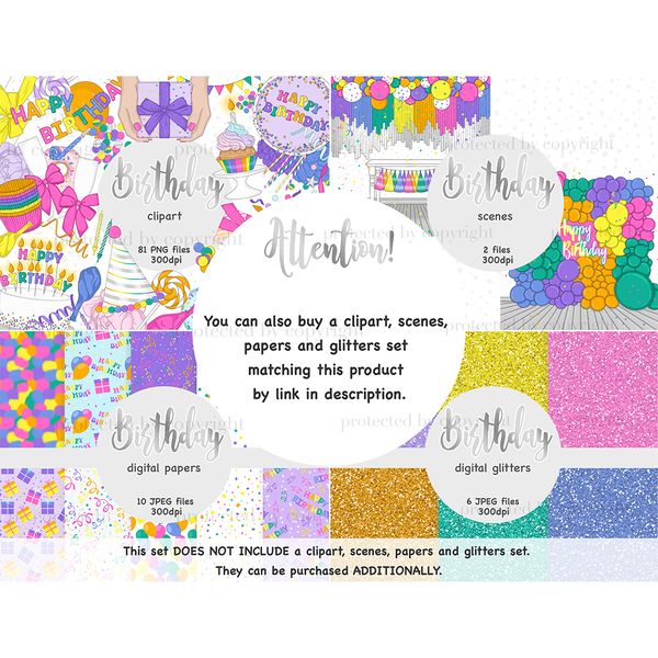 Clipart elements Birthday bright bows, cake with candles and the inscription "Happy Birthday", balloons, champagne glasses, birthday hat. A room decorated for a
