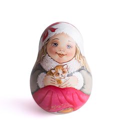 Roly poly doll cute winter girl with kitten Weeble wobble Xmas gift ding dong kids nursery decor collectible wooden toys