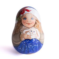 Roly poly doll cute winter girl with bunny Weeble wobble Xmas gift ding dong kids nursery decor collectible wooden toys