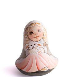 Roly poly doll cute winter girl with bunny Weeble wobble Xmas gift ding dong kids nursery decor collectible wooden toys