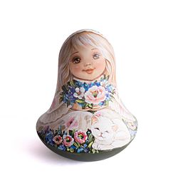 Roly poly doll cute spring girl with kitten Weeble wobble Xmas gift ding dong kids nursery decor collectible wooden toys