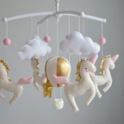 Baby mobile girl with magic Unicorns,Gold hot air balloon ,clouds and stars Nursery decor and Best baby shower gift