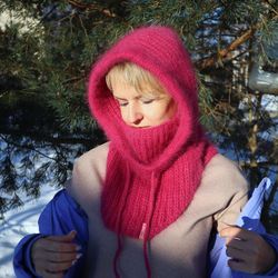 Wool scarf hood, Balaclava for women, Angora winter hat, Winter warm bonnet, Red hood, Gift for her