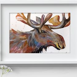 Moose painting Watercolor Wall Decor 7"x10" home art animals painting by Anne Gorywine