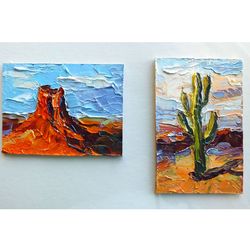 Monumen Saguaro National Park Painting Original Oil Art Utah Mountain Set of 2 Impasto Tiny Small Impasto Wall Art