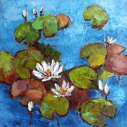 White Water Lilies Painting Original Oil Impasto Wall Art Flowers Impressionism Art 8x8"