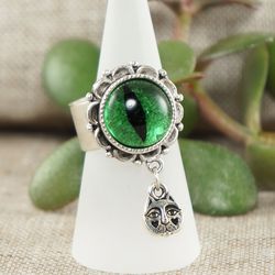 Green Glass Cat Eye Adjustable Ring Silver Cat Kitten Charm Ring Evil Eye Protection Ring Jewelry Cat Lover Gift 6567