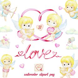 Watercolor Cupid Clipart, Valentines Day Love Graphics, Baby Angel Cupid Angel Illustration, Digital Download, PNG