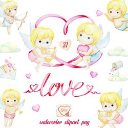 watercolor cupid clipart, valentines day love graphics, baby angel cupid angel illustration, digital download, png