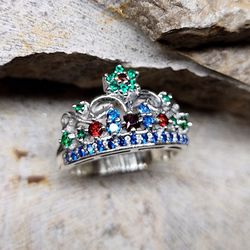 SILVER RING WITH COLORED STONES SILVER CROWN RING BRIGHT WOMEN'S RING EXCELLENT JEWELERY CROWN ON THE FINGER