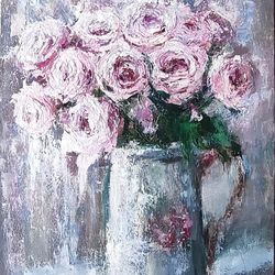roses oil painting original art work impasto