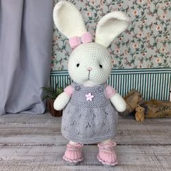 Easter bunny, Stuffed plush bunny white toy in blue and pink/grey dresses for kids