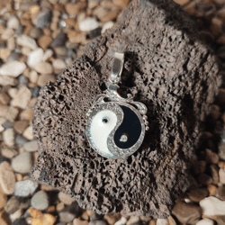 SILVER PENDANT YIN YANG PENDANT WITH BLACK  WHITE ENAMEL PENDANT WITH ORIENTAL SYMBOLS JEWELRY WITH ENAME COOL PENDANT