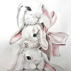 cute bunnies painting children room wall art original watercolour hand painted modern painting