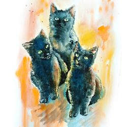 Black Cats Painting  Original Art  Pet Watercolor Kittens Artwork