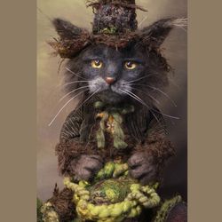 black maine coon cat doll, pincushion ooak doll, felted cat sculpture