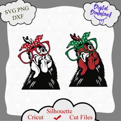 chicken with bandana glasses svg files for cricut, rooster svg, clipart farm animal, head face download, dxf, shirt svg