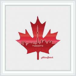 Cross stitch pattern Maple leaf outlines city Toronto Canada country monochrome red counted crossstitch patterns PDF