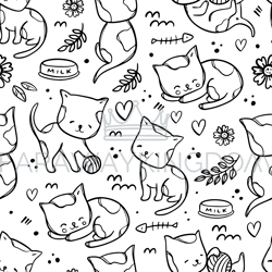 COLORING PAGE KITTY PATTERN Seamless Sketch Vector Illustration