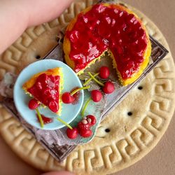 Doll miniature cherry pie on a tray for playing with dolls, dollhouse, scale 1:12