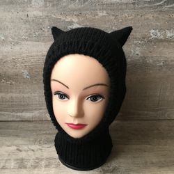 Adult Cat balaclava hat Knitted cat hood Cat ear hat