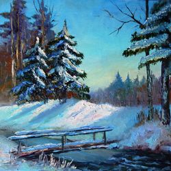 Winter Painting Oil Pine Trees Original Art Landscape Artwork Canvas Art