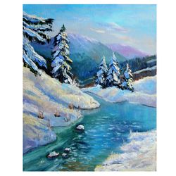 Winter Painting Oil Pine Trees Original Art Landscape Artwork Canvas Art