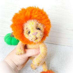 Kawaii toy lion. Stuffed lion animal. Pocket toy cat lion. Small wild cat lion. Animal safari toy lion knitted amigurumi