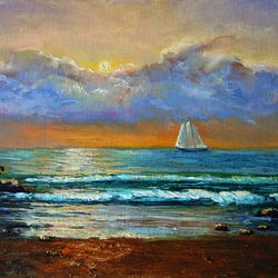 Sailboat Painting Oil Seascape Original Art Artwork Impasto Canvas Art