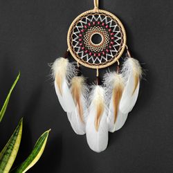 Beige Dream Catcher,  Feathers Wall Hanging, Bohemian Bedroom Decor, Boho Nursery Decor, Native Americans Dreamcatcher
