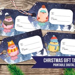 Cute Gift Tags, Christmas Gift tag, Bird gift tags, printable gift tag, Gift tags for Christmas, winter gift tags