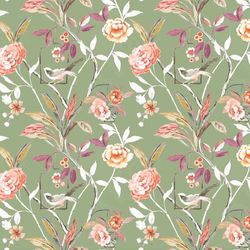 Birds Fabric, Fabric with Birds, Linen and Viscose Fabric, Birds on Floral Branches Fabric, Botanical Fabric with Birds
