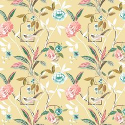 Birds Fabric, Fabric with Birds, Linen and Viscose Fabric, Birds on Floral Branches Fabric, Botanical Fabric with Birds