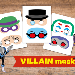 DC Villain props, Penguin, Lex Luther, Joker, Mr Freeze, Riddler, Comics party, birthday masks, photo props, Photo booth
