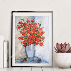 Bright Red flowers in a White vase Original Impasto Painting Wall Art Oil Painting Art 10x7.9 inches