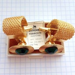 Green stones gold plated vintage Soviet cufflinks "Effect" new