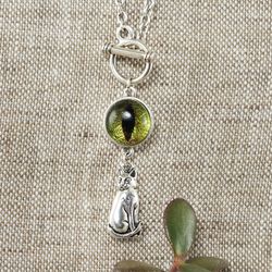 Olive Green Glass Cat Eye Necklace Evil Eye Necklace Silver Cat Charm Pendant Necklace Cat Lover Gift Jewelry Gift 6555